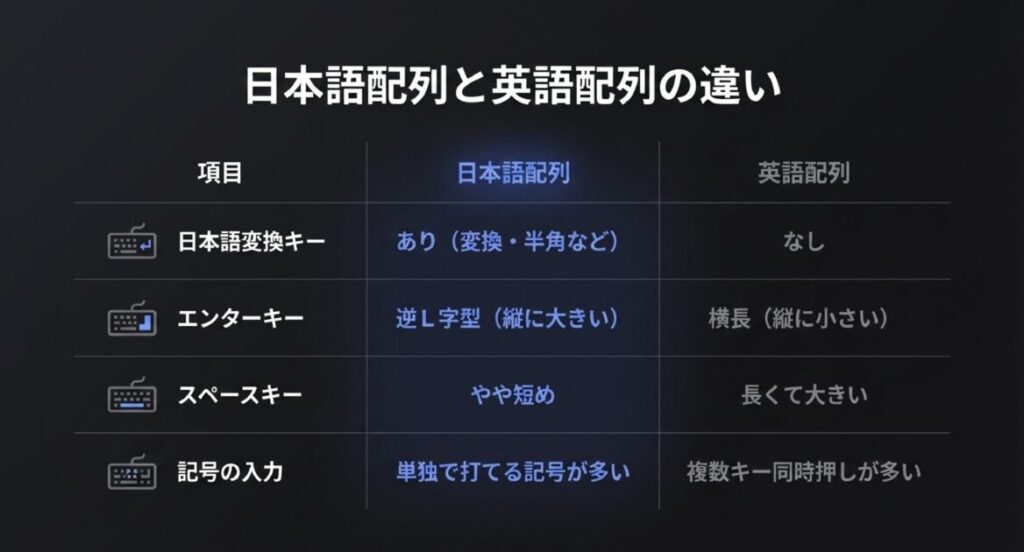 日本語配列と英語配列の比較表。変換キーの有無、逆L字型エンターキー、スペースキーの長さ、記号入力のしやすさの違いを掲載