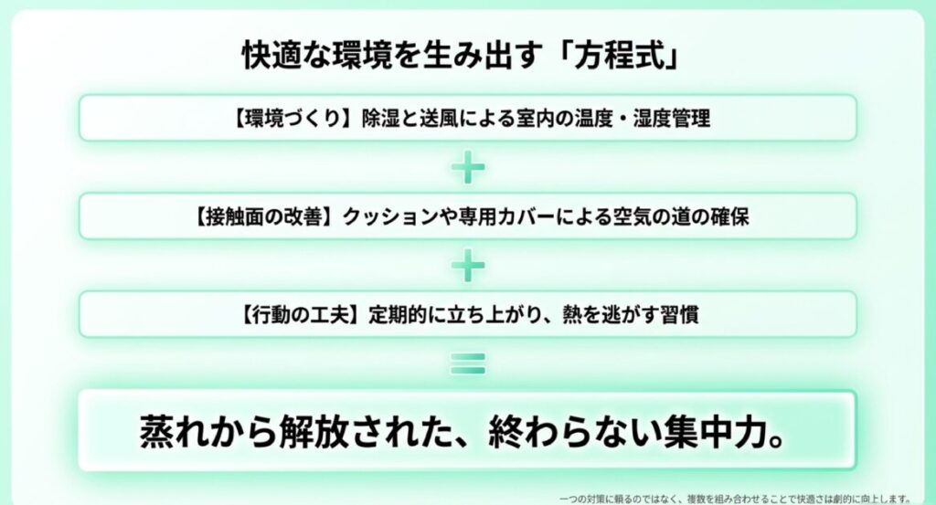 環境づくり、接触面改善、行動の工夫を組み合わせた「快適な環境を生み出す方程式」のまとめ。