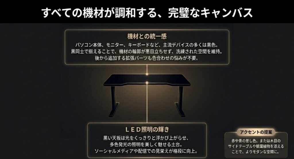 黒い天板がLED照明を浮かび上がらせ 、PC機材の輪郭を馴染ませて洗練された空間を維持する仕組みの図解 。