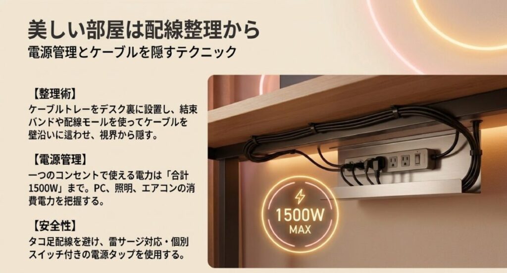 ケーブルトレーと結束バンドによる整理術と、合計1500Wまでの電力管理、雷サージ対応タップの重要性。