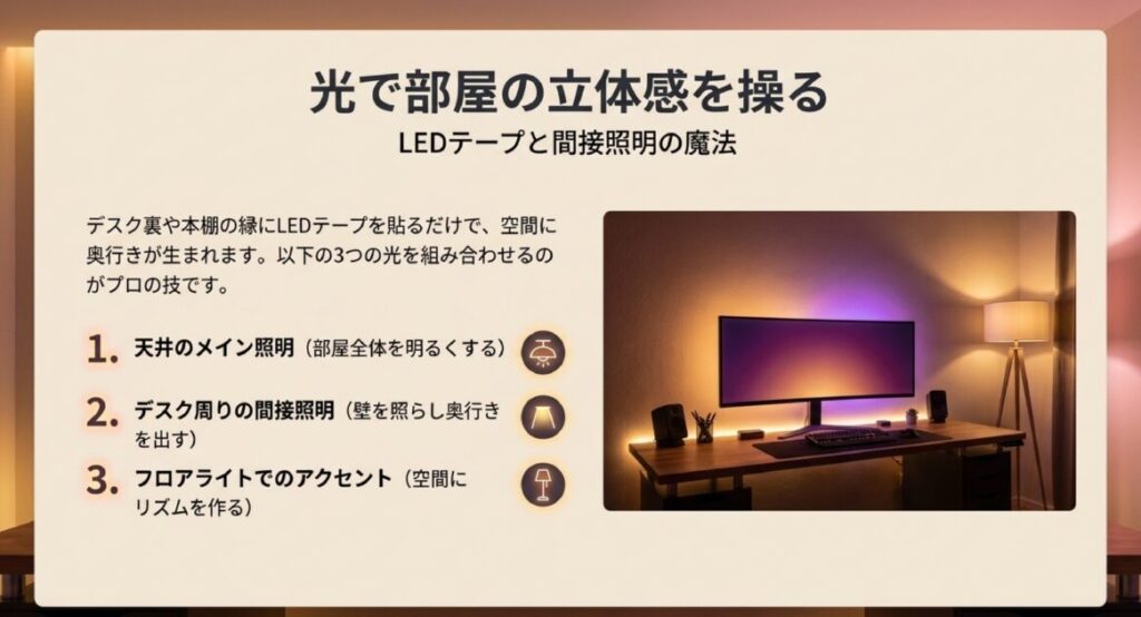 天井、デスク裏、フロアライトを組み合わせ、光で部屋の立体感を操るプロの照明術。