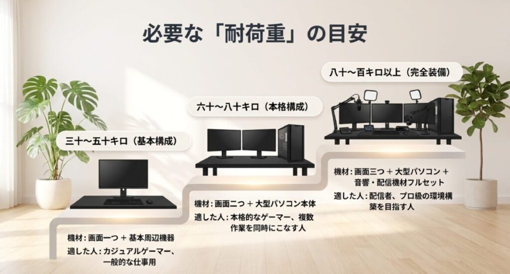 モニター数やPC本体、音響機材に応じた耐荷重の目安（30〜50kg、60〜80kg、80〜100kg以上）を具体的に示した構成図