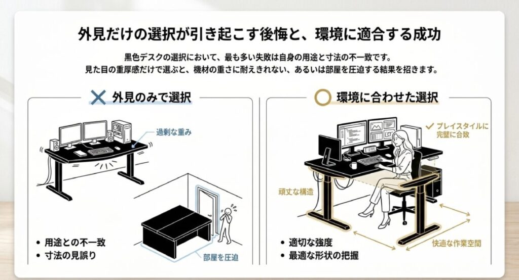 外見だけで選び、機材の重さ（過剰な重み）で天板が撓む様子と、部屋を圧迫しドアが開かない様子の比較図