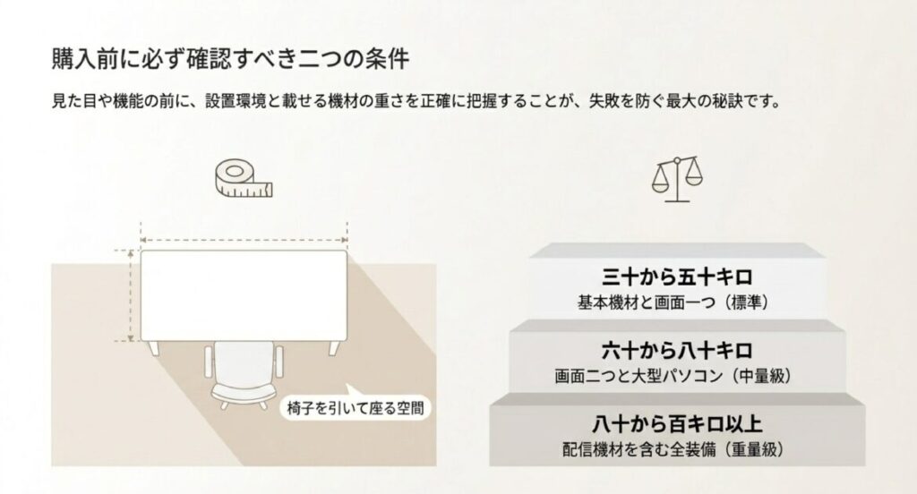 椅子を引く空間の確保と、30-50kg（標準）、60-80kg（中量級）、80-100kg以上（重量級）の耐荷重目安 。