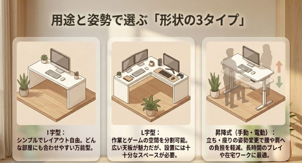 レイアウト自由なI字型、空間分割ができるL字型、姿勢を変えて疲労軽減できる手動・電動昇降式のタイプ別比較 。