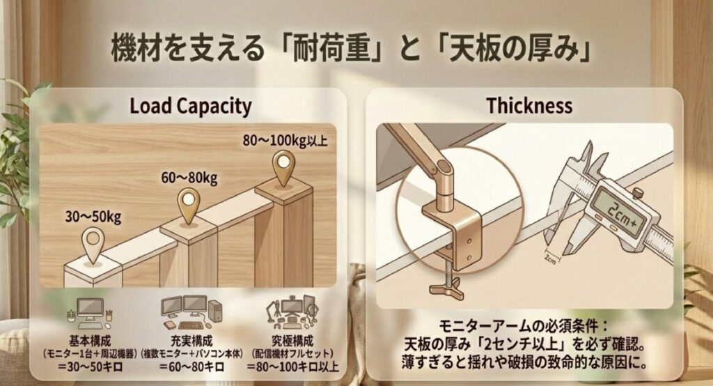 究極構成で80〜100kg以上必要な耐荷重目安と、アーム使用時に必須となる天板厚み2cm以上の図解 。