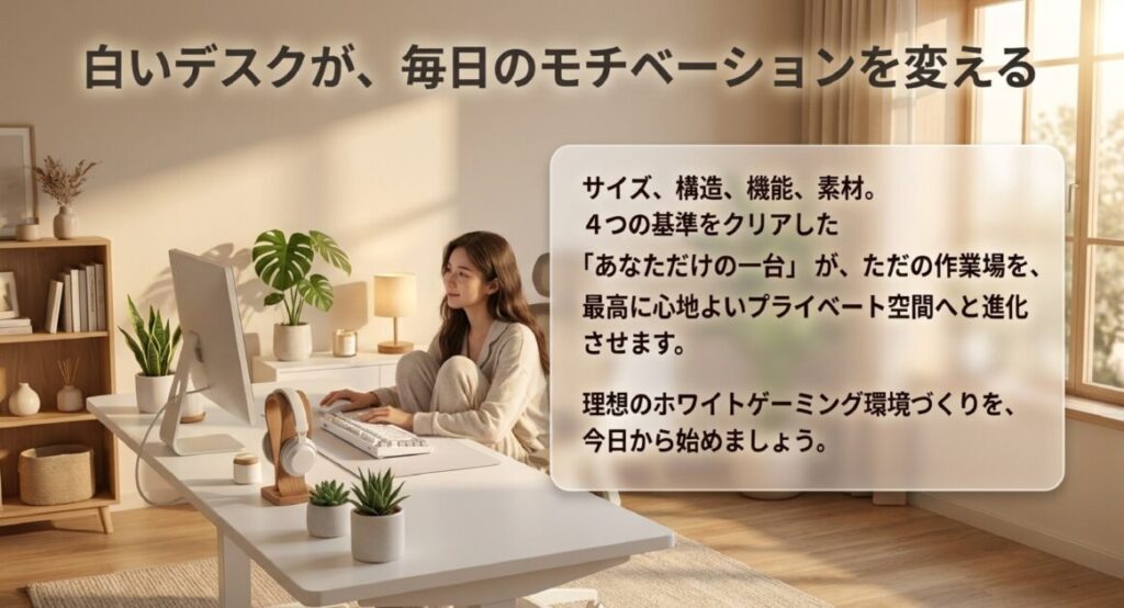 サイズ、構造、機能、素材の4基準をクリアしたデスクが、作業場を最高に心地よい空間へ進化させるとの結び 。