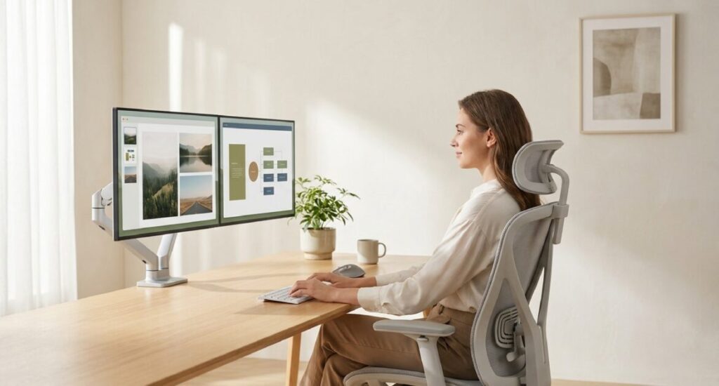 モニターアームで水平に並べられた2枚の画面に対し、背筋を伸ばし正しい姿勢で作業する女性の様子 。