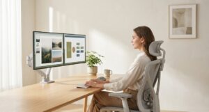 モニターアームで水平に並べられた2枚の画面に対し、背筋を伸ばし正しい姿勢で作業する女性の様子 。