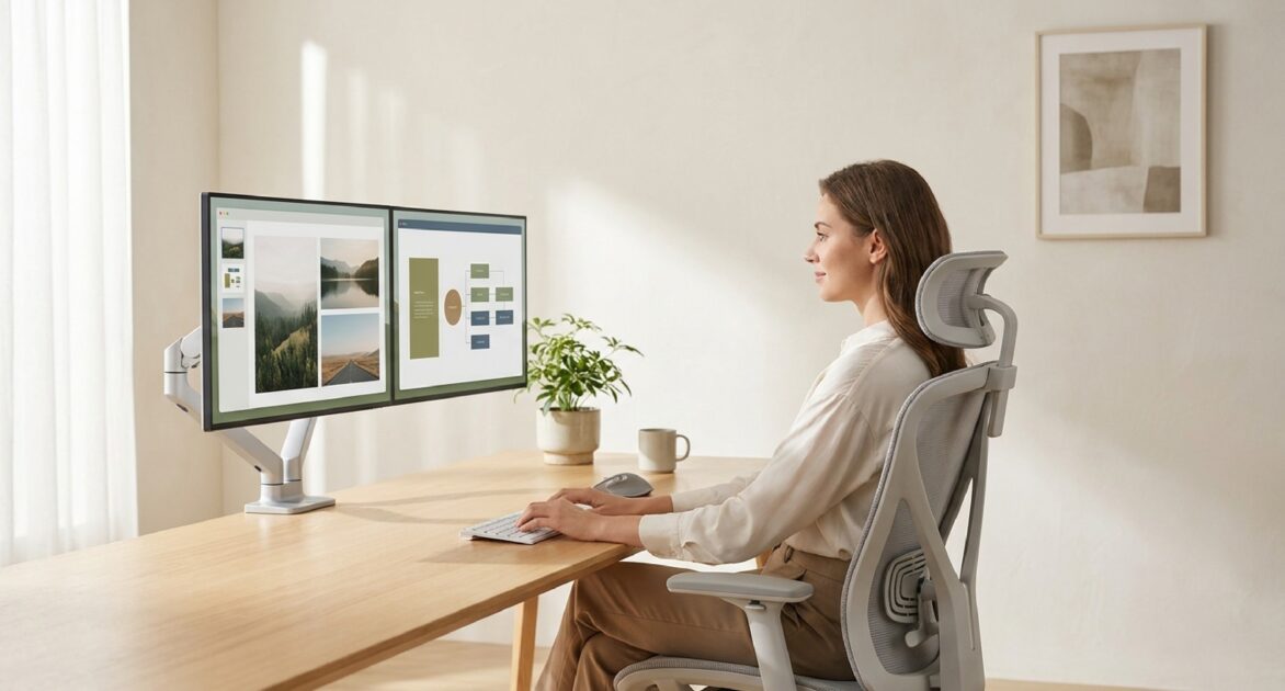 モニターアームで水平に並べられた2枚の画面に対し、背筋を伸ばし正しい姿勢で作業する女性の様子 。