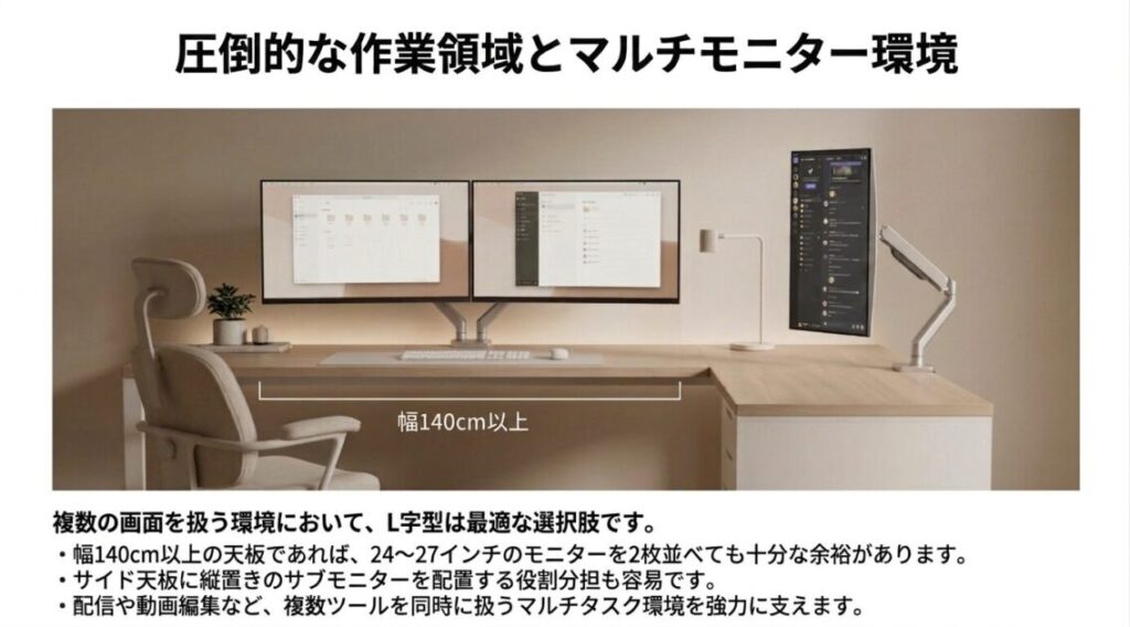 幅140cm以上のメイン天板に24〜27インチのモニター2枚を並べ、サイド天板に縦置きサブモニターを配置した図解。