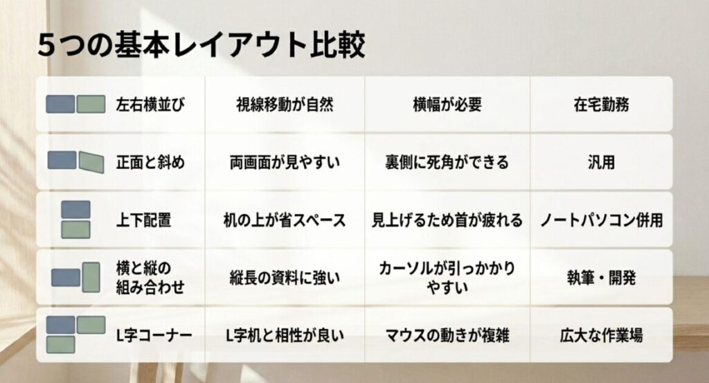 左右並び、上下配置、縦横併用など、用途別のメリット・デメリットをまとめた比較マトリックス。