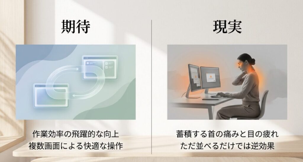 「期待（効率向上）」と「現実（首の痛み・目の疲れ）」を左右で比較したイメージ図。首がオレンジ色に光り、疲労を強調している 。