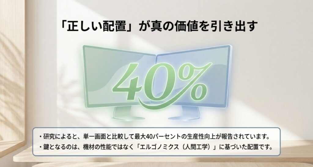 「40%」という大きな数字と、人間工学に基づいた配置が重要であることを示すグラフィック 。