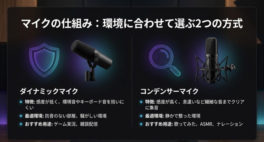 黒いコンデンサーマイクの画像。感度が低いダイナミック型と、繊細な音を拾うコンデンサー型の特徴・最適環境を比較 。