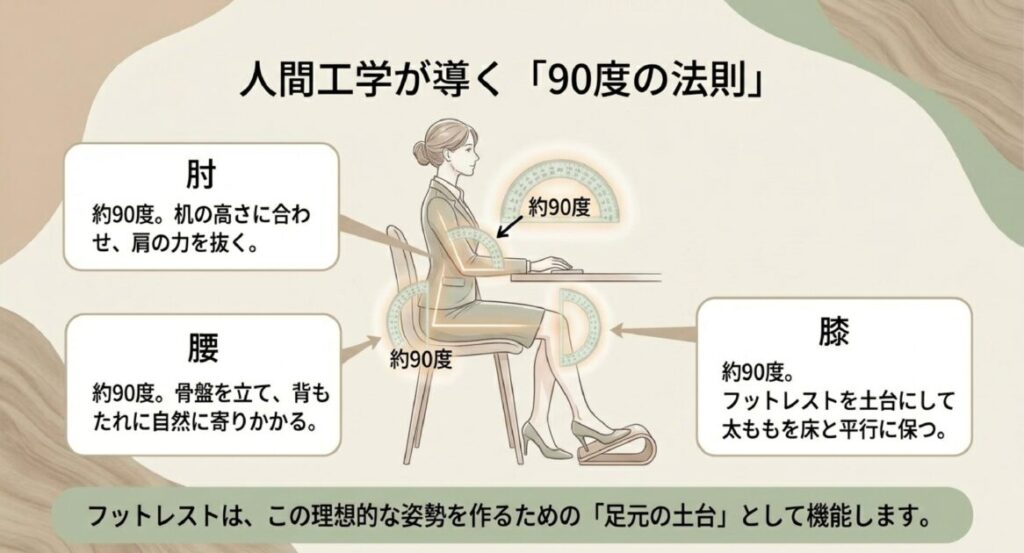 肘、腰、膝の角度を約90度に保つ理想的な姿勢の図解。フットレストを土台に太ももを床と平行に保つ重要性を説明。