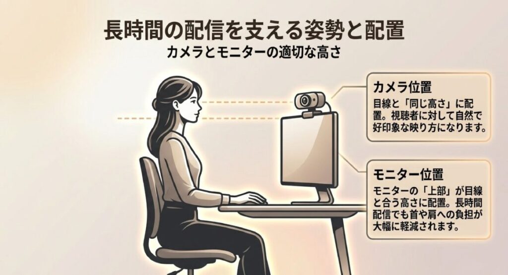 カメラは目線と同じ高さ、モニター上部は目線の高さに合わせる、長時間の配信負荷を軽減する適正位置の図解。