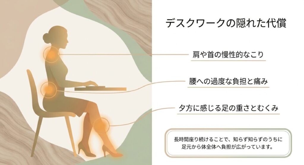 椅子に座る女性の肩・腰・膝に赤い警告マークが表示され、デスクワークの身体的負担を視覚化したアイキャッチ画像。