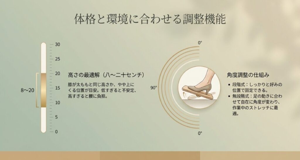 高さは8〜20cmが最適解。段階式・無段階式の角度調整の仕組みと、膝が太ももよりやや上に来る目安を解説。