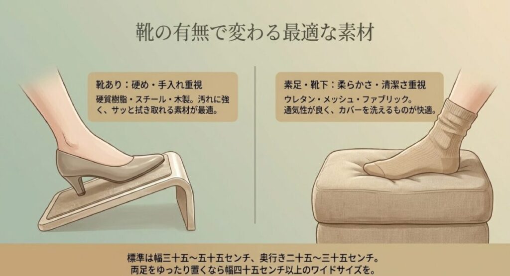 靴用（樹脂・スチール）と素足用（ウレタン・メッシュ）の素材分け。標準幅35-55cm、奥行25-35cmのサイズ指針。