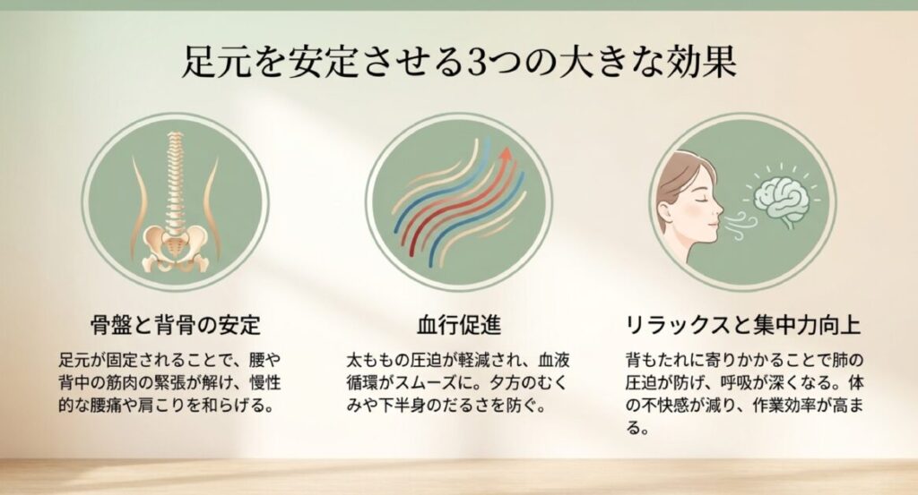 骨盤と背骨の安定、血行促進、リラックスと集中力向上を、骨格・血流・脳のアイコンで具体的に解説。