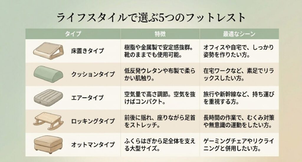 床置き、クッション、エアー、ロッキング、オットマンの5種類の特徴と、オフィス・在宅等の推奨シーン一覧表。