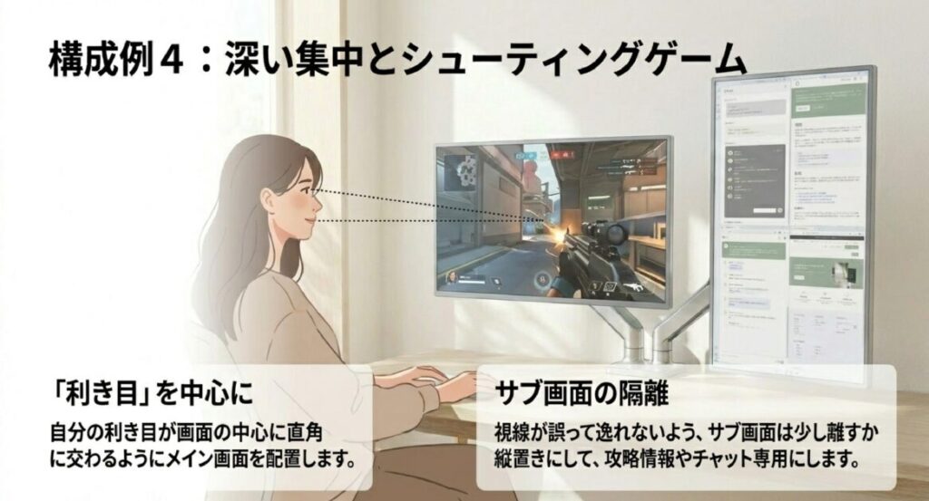 自分の利き目を画面中央に直角に交差させ、サブ画面を隔離して集中力を高めるFPS等のゲーム向け配置。