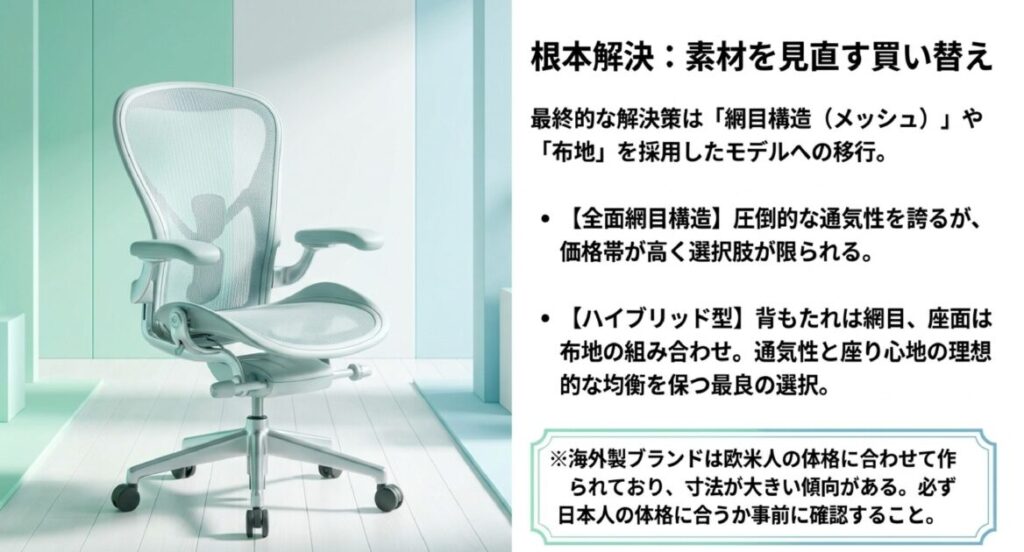 全面メッシュ構造のオフィスチェア画像。海外ブランド検討時の日本人体格への適合確認に関する注意点。