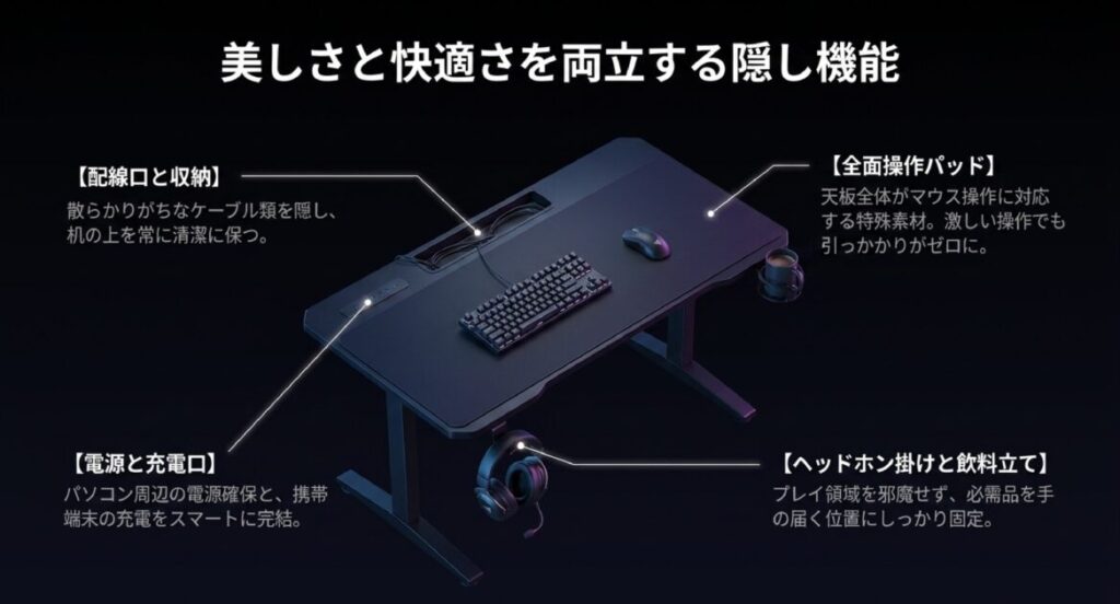 散らかりを防ぐ配線収納 、全面操作パッド 、電源端子 、ヘッドホン掛け・飲料立ての図解 。