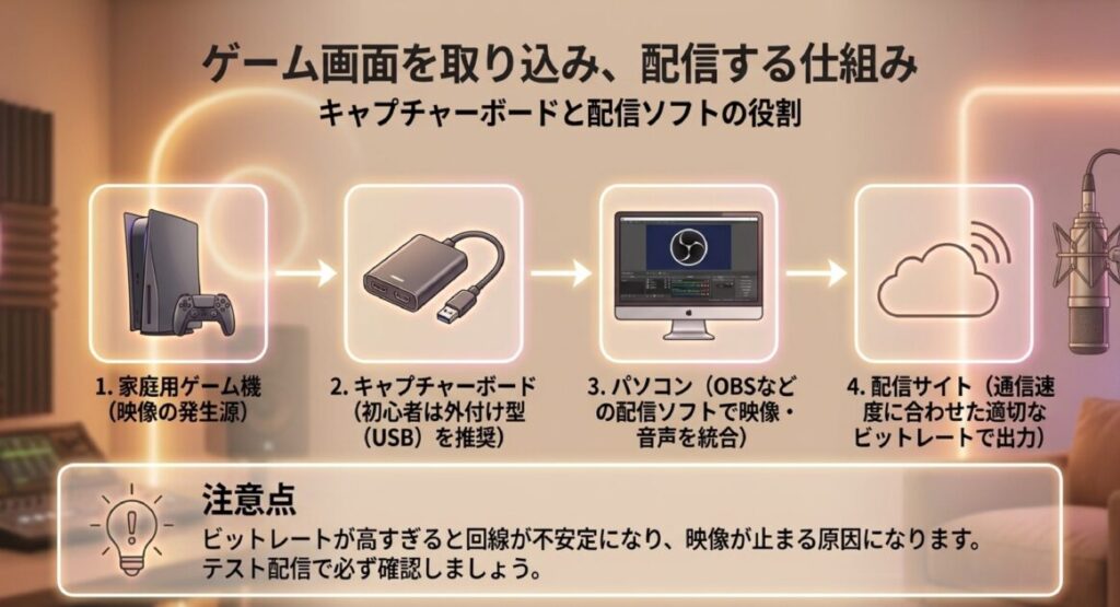 ゲーム機、キャプチャーボード（外付け推奨）、PC、配信サイトを繋ぐフローとビットレート設定の注意点。