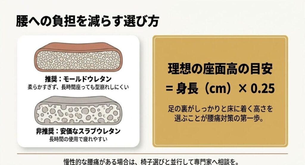 耐久性の高いモールドウレタンの推奨と、理想の座面高（身長×0.25）の計算式、足の裏を床に着ける重要性の解説 。