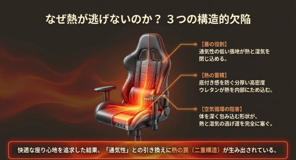 赤く熱がこもった椅子の断面図。通気性の低い張地（蓋）、厚い高密度ウレタン（蓄熱）、包み込む形状（循環阻害）の解説。