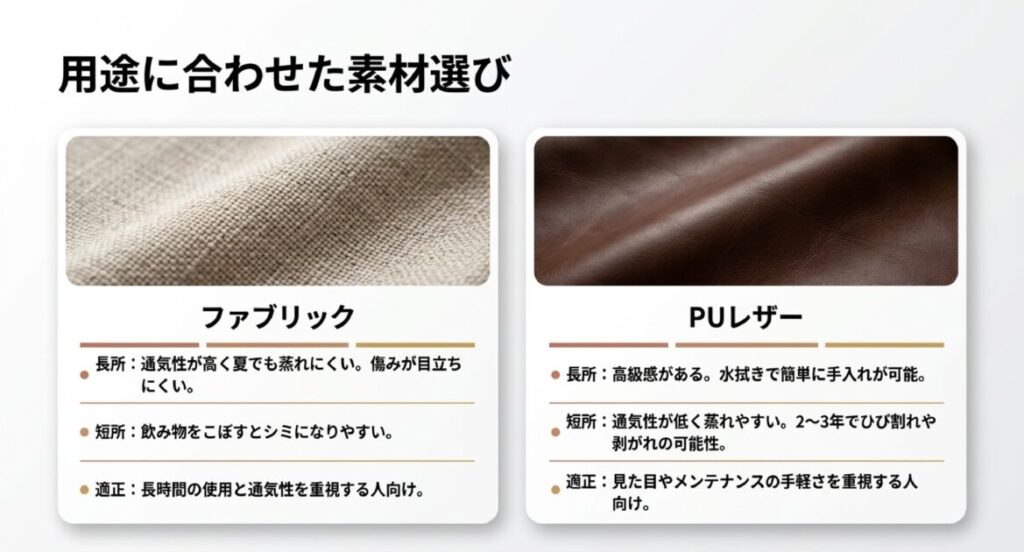 通気性の高いファブリック素材と、高級感があり手入れが容易なPUレザーの長所・短所および適正用途の比較表 。