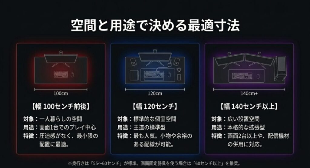 100cm（一人暮らし） 、120cm（標準） 、140cm以上（拡張型）の寸法目安 と奥行きの推奨値 。