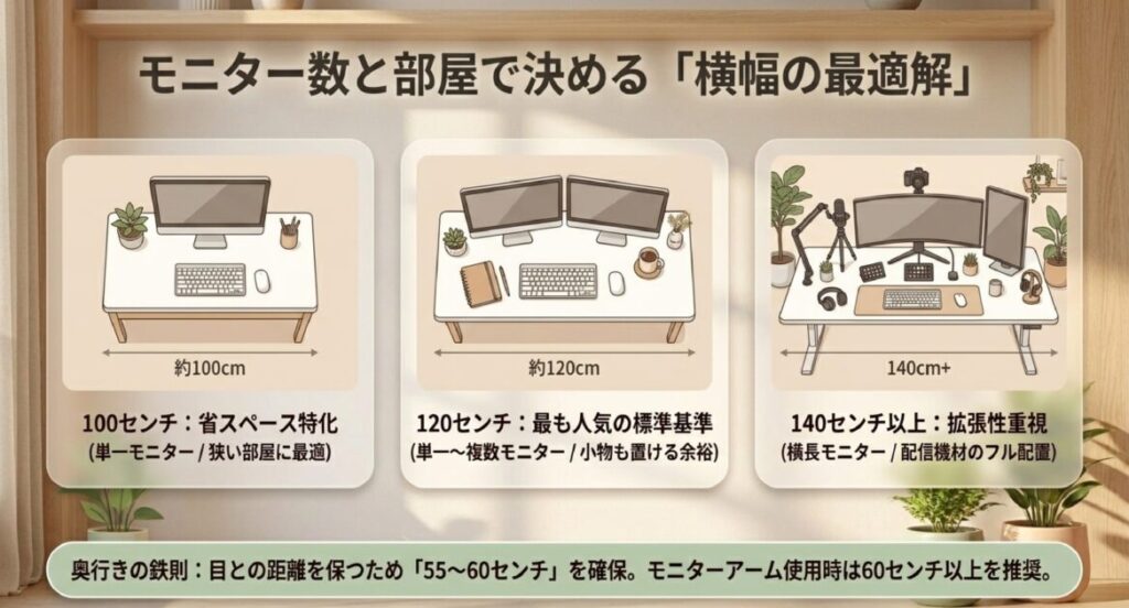 省スペースな100cm、標準的な120cm、機材フル配置の140cm以上の比較図と、奥行55〜60cm確保の鉄則 。
