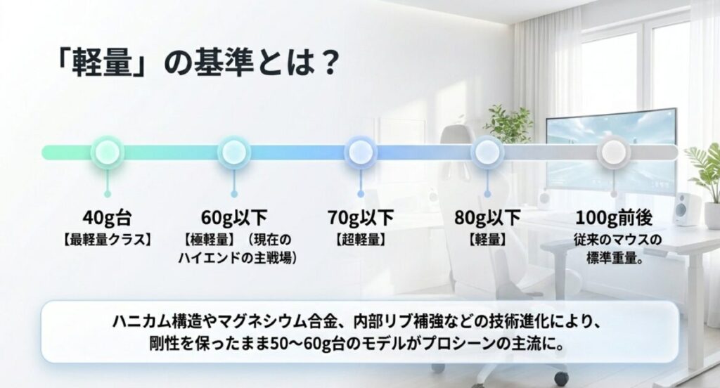 40g台の最軽量クラスから100g前後の標準重量までの分類。ハニカム構造やマグネシウム合金による50〜60g台の主流化を解説