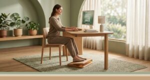 ナチュラルな木製デスクにフットレストを設置し、正しい姿勢でPC作業を行う女性の全体像。