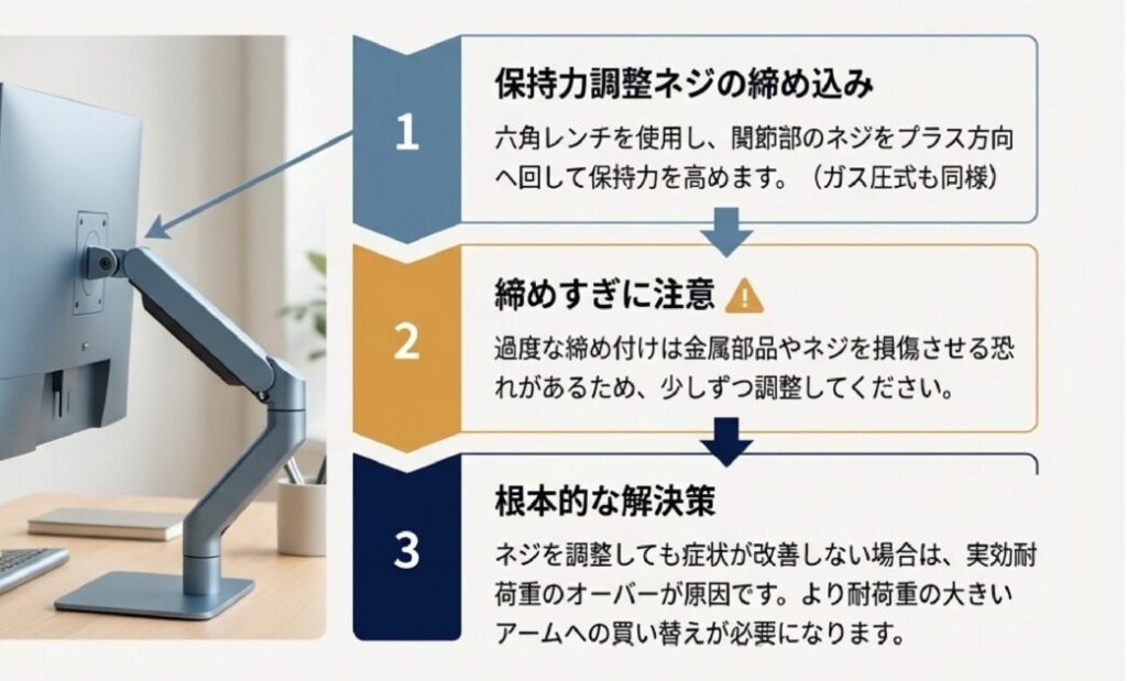 六角レンチを使用して関節部のネジをプラス方向へ締め、保持力を高める手順と買い替えの判断基準。