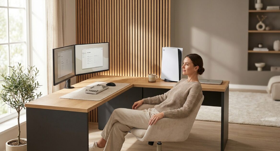 木目調のL字型デスクに2枚のモニターを配置し、女性がリラックスして座っている様子。背景にはウッドパネルの壁がある。