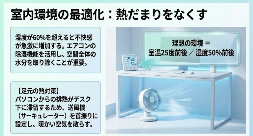 湿度60%超で不快感増。エアコン除湿とサーキュレーターによる足元のパソコン排熱対策の図解。