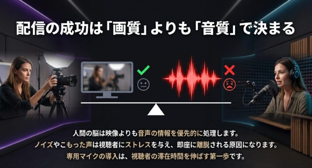 画質と音質を比較する天秤のイラスト。人間の脳は映像より音声を優先処理し、ノイズは離脱原因になると説明 。