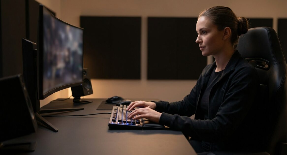 女性が暗所のリモートワーク環境で、湾曲モニターの前に置かれた日本語配列ゲーミングキーボードをタイピングしている様子