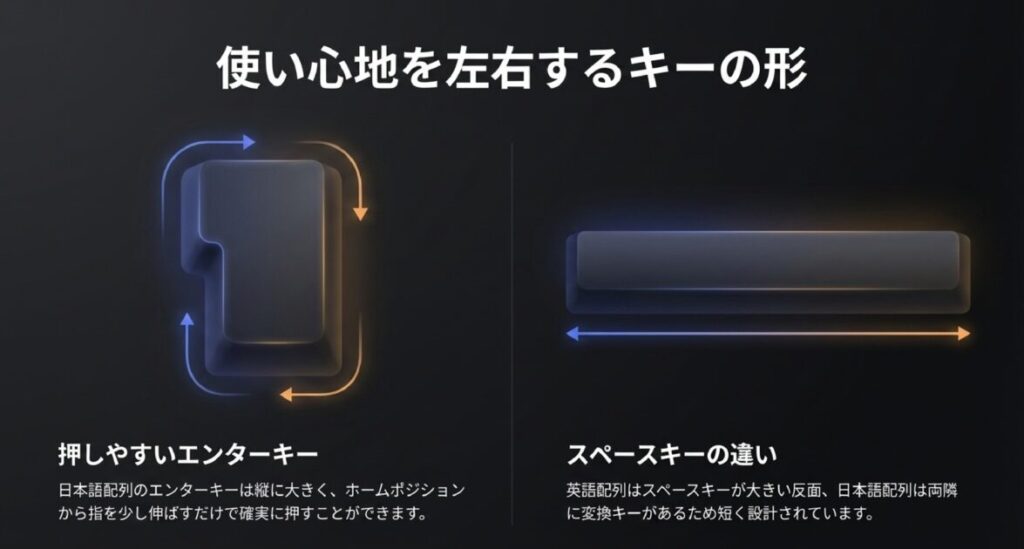 日本語配列の大きな逆L字型エンターキーのクローズアップ画像。ホームポジションから指を少し伸ばすだけで確実に押せる形状を解説