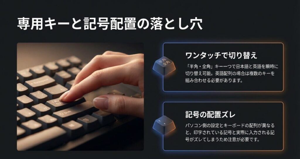 指でキーボードのキーを押しているクローズアップ。ワンタッチでの日本語・英語切替と、配列設定による記号の印字ズレのリスクを警告