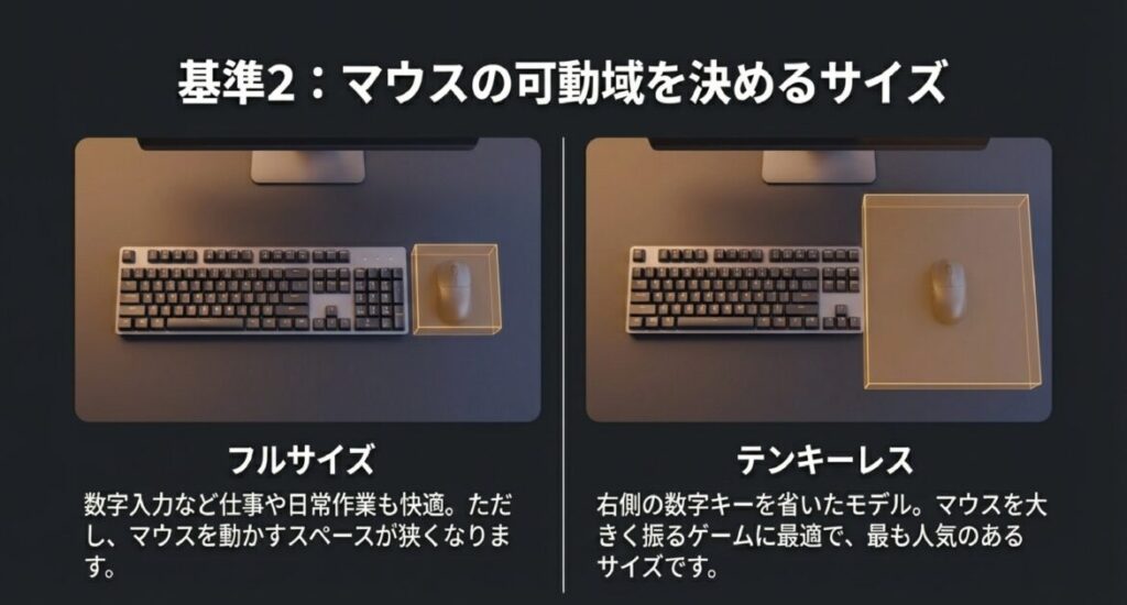 フルサイズ（仕事向き）とテンキーレス（マウス可動域が広くゲーム向き）のサイズ感の違いを説明する図解