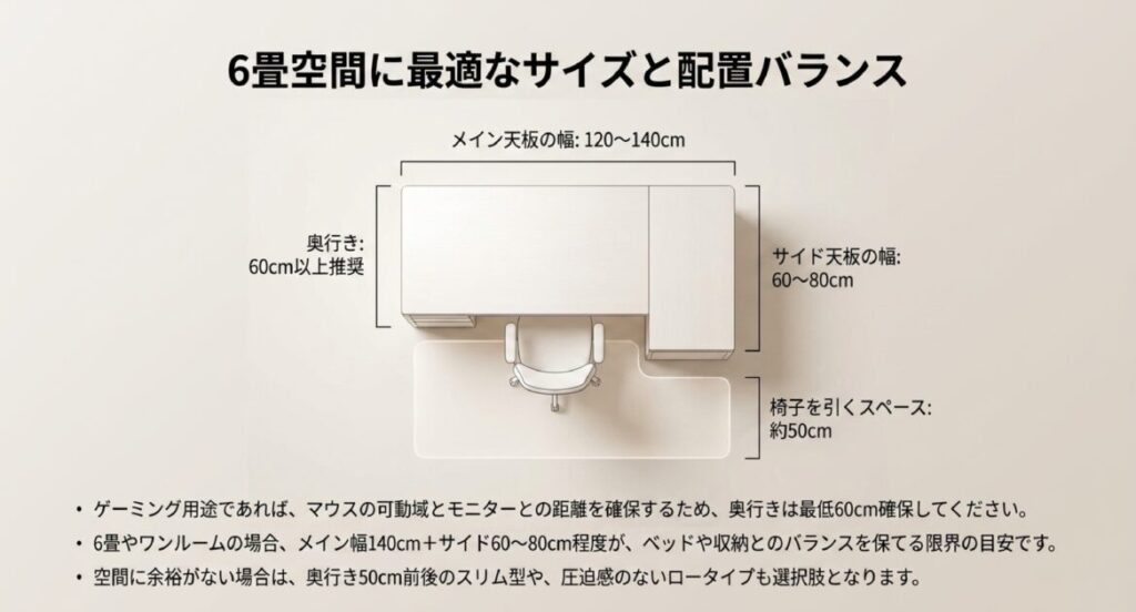 メイン幅120-140cm、サイド幅60-80cm、奥行き60cm以上、椅子を引くスペース50cmの寸法図。