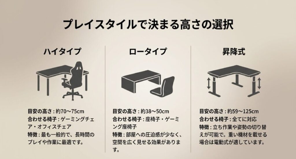 ハイ（70-75cm）、ロー（38-50cm）、昇降（59-125cm）の高さと対応する椅子の比較表