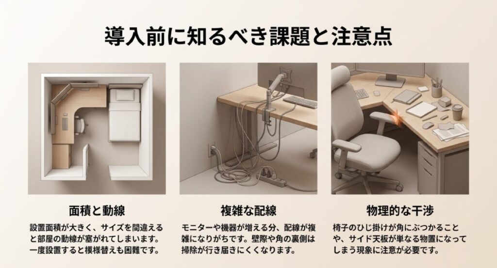 複雑に絡まった配線と、椅子のひじ掛けがデスクの角にぶつかっている様子を示す警告イメージ。