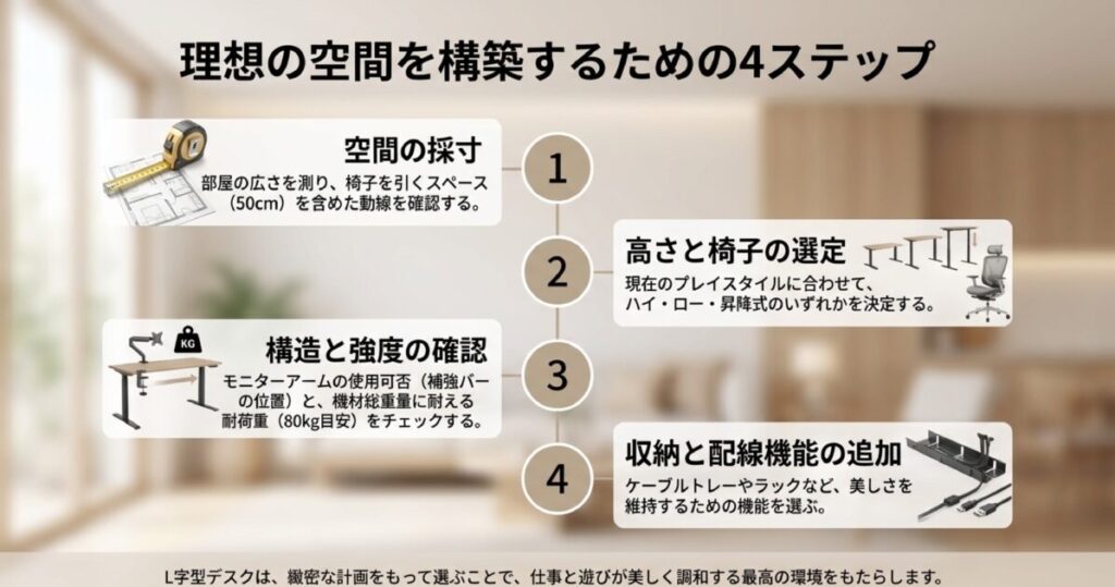 1.空間採寸（椅子用50cm確保）、2.高さ選定、3.耐荷重80kg等の強度確認、4.配線・収納機能追加の4工程をまとめた図解 。
