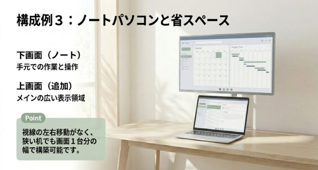 机の横幅を節約し、視線の左右移動をなくすための上下2段配置（ノートPC下・外部画面上）の構成例。